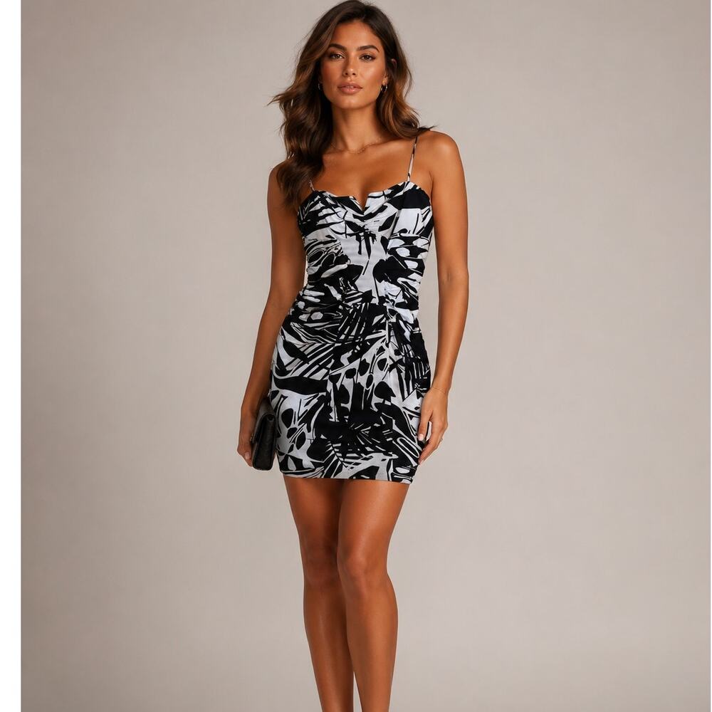 Vintage Cache Black White Floral Ruched Bodycon Dress Womens 4 Mini Cocktail